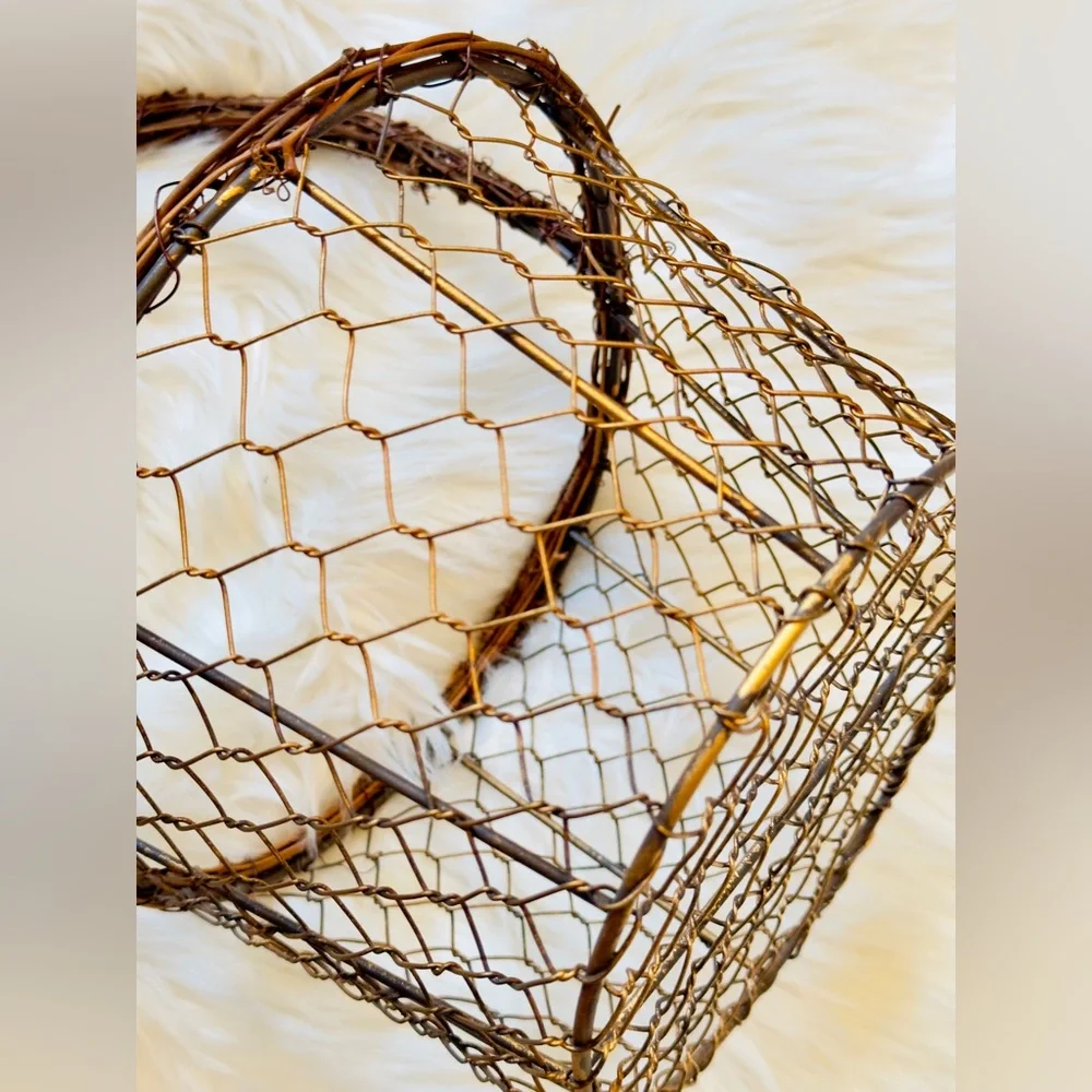 Gold Metal Wire Basket w Wood Handle Farmhouse Shabby Chic - Spring Easter Decor